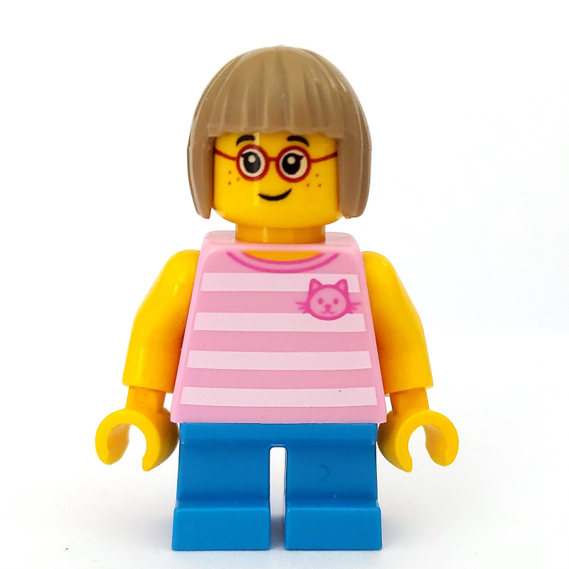 Girl, Bright Pink Striped Top with Cat Head, Short Dark Azure Legs, Dark Tan Hair, Glasses