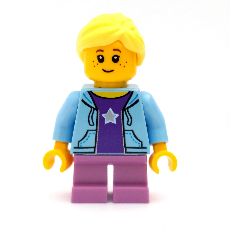 Girl, Open Bright Light Blue Hoodie over Dark Purple Shirt with Star, Short Medium Lavender Legs, Bright Light Yellow Hair