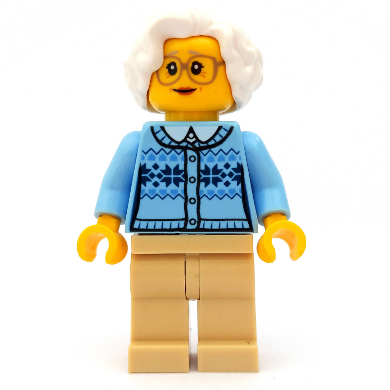 Woman, Bright Light Blue Cardigan, Tan Legs, White Hair, Glasses
