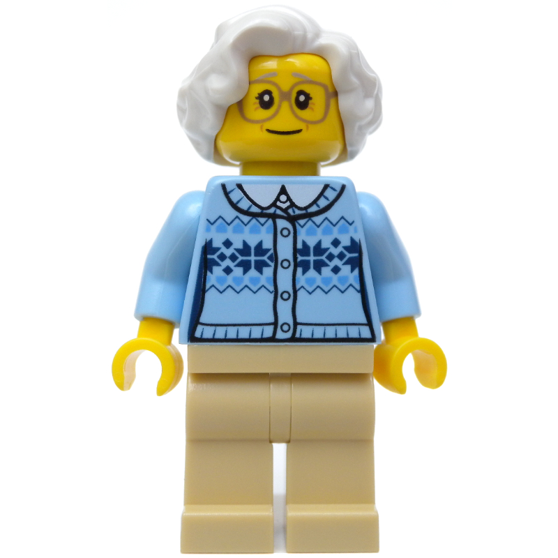 Woman, Bright Light Blue Cardigan, Tan Legs, White Hair, Glasses