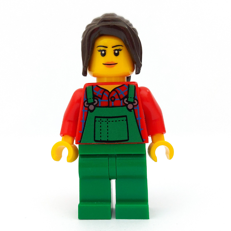 Woman, Green Overalls over Red Plaid Shirt, Dark Brown Hair