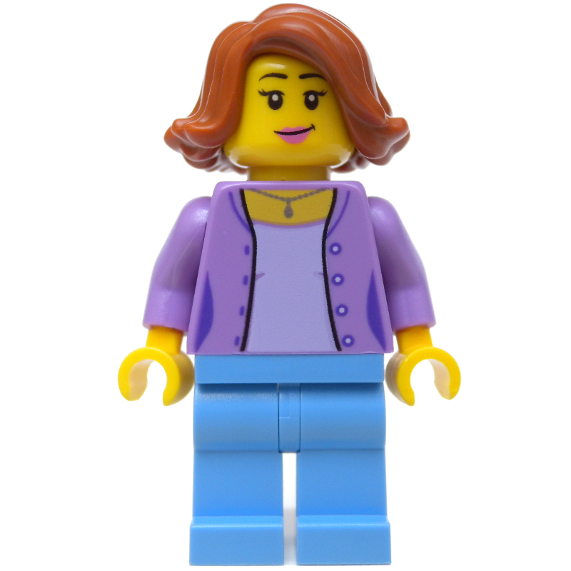 Woman, Open Medium Lavender Shirt over Lavender Top, Medium Blue Legs, Dark Orange Hair