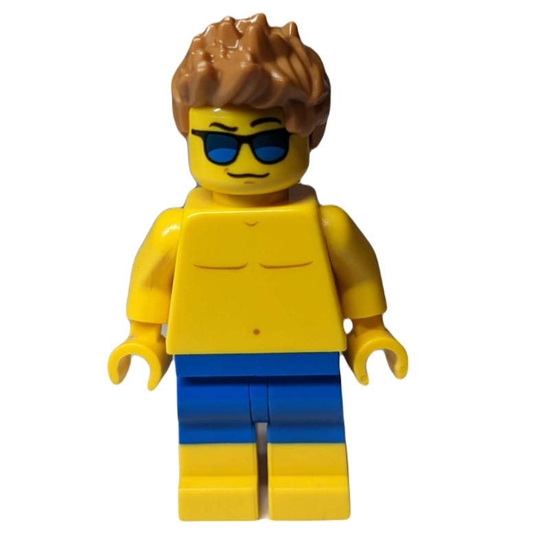 Man, Shirtless, Blue Swim Trunks, Medium Nougat Hair, Sunglasses
