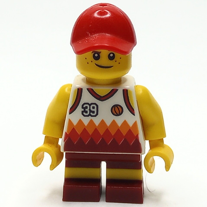 Boy, White and Dark Red Basketball Jersey with '39', Dark Red Shorts, Red Cap