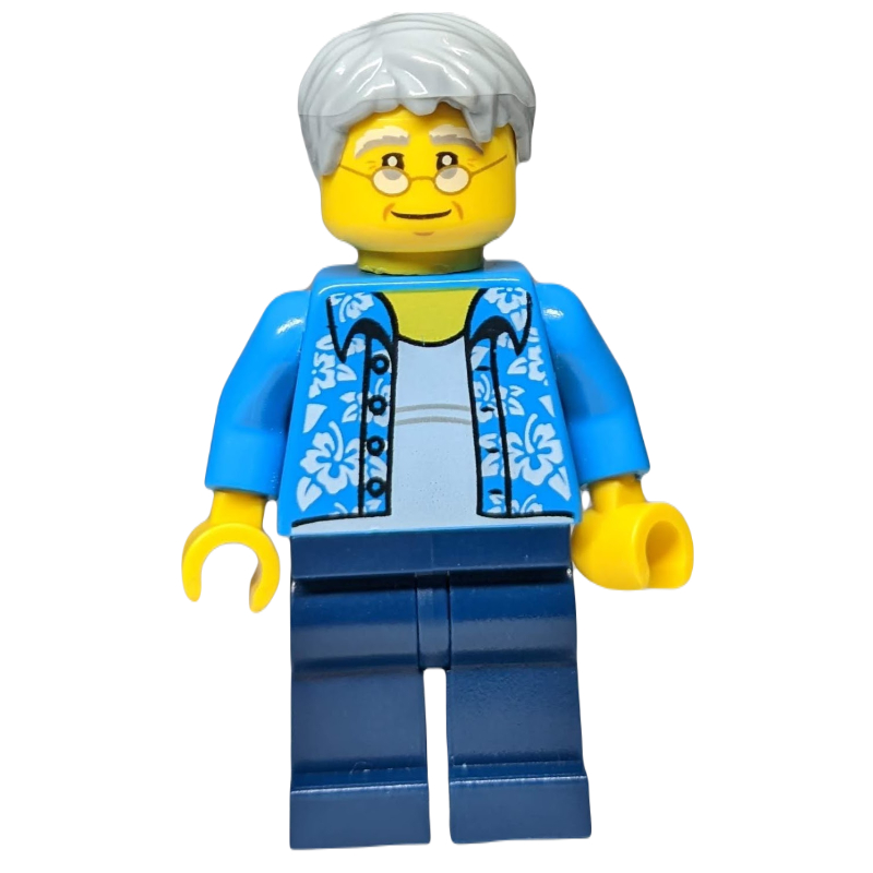 Man, Open Dark Azure Hawaiian Shirt, Dark Blue Legs, Light Bluish Gray Hair, Glasses