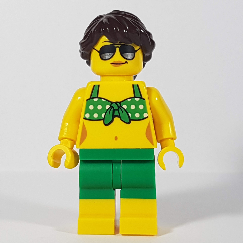 Woman, Green Bikini Top with White Spots, Green Shorts, Dark Brown Hair, Sunglasses