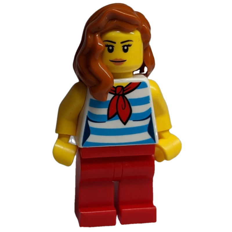 Woman, White and Dark Azure Striped Tank Top with Red Neckerchief, Red Legs, Dark Orange Hair