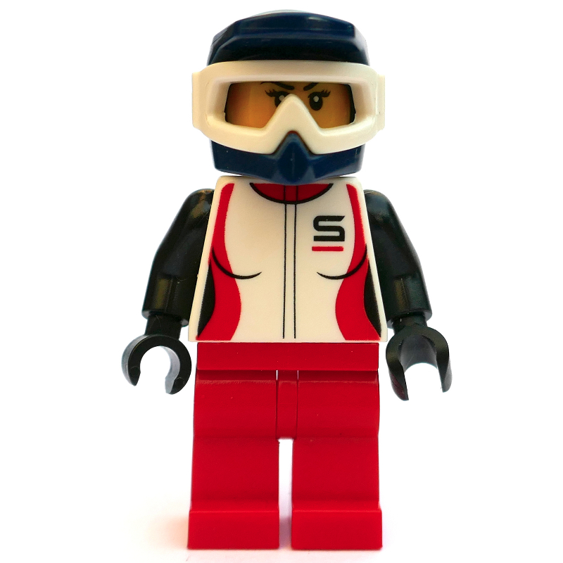 Racer, Woman, White, Black and Red Jacket, Red Legs, Dark Blue Dirt Bike Helmet with Goggles, Dirt Stains