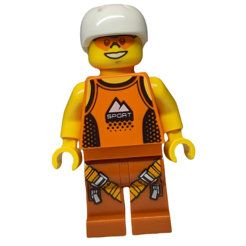 Man, Orange Tank Top with 'SPORT', Dark Orange Legs with Straps, White Helmet, Orange Safety Glasses