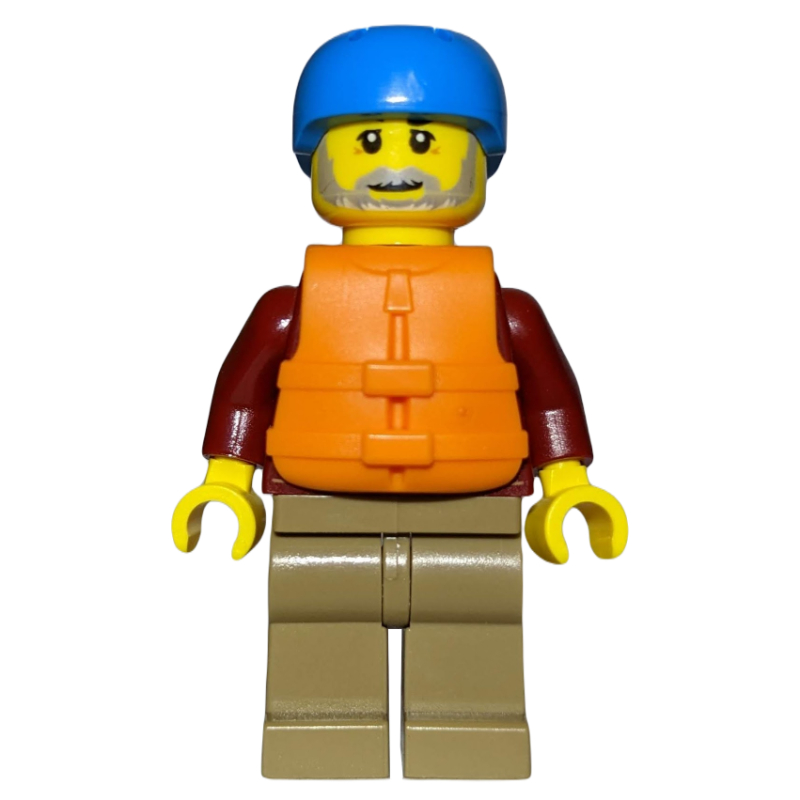 Man, Open Dark Red Jacket, Dark Tan Legs, Dark Azure Helmet, Orange Life Vest, Beard