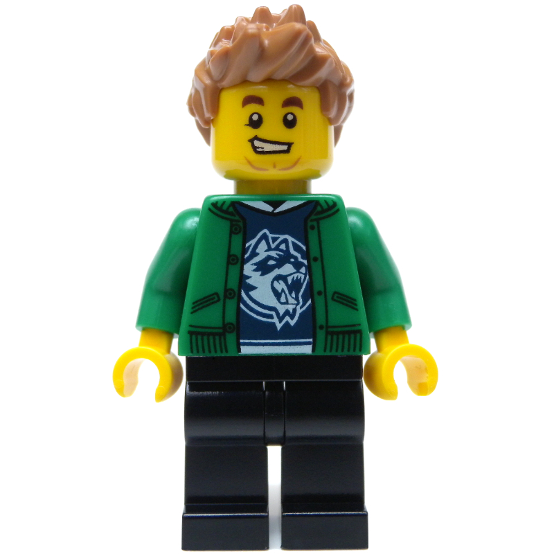 Man, Open Green Jacket, Black Legs, Medium Nougat Hair
