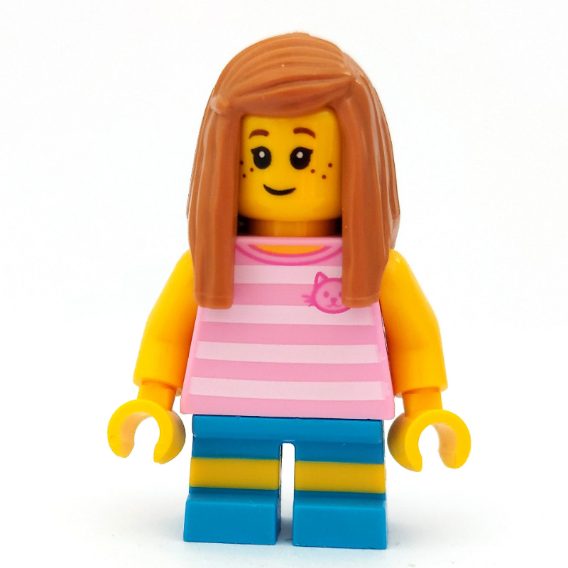 Girl, Bright Pink Striped Top with Cat Head, Dark Azure Shorts, Medium Nougat Hair