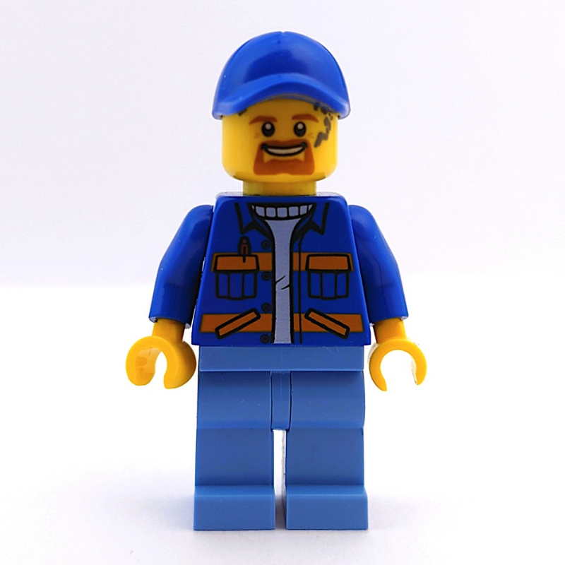 Worker, Blue Jacket with Orange Stripes, Medium Blue Legs, Blue Cap, Goatee Beard