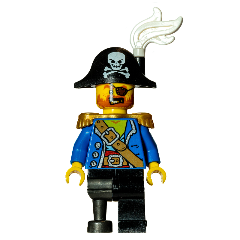 Pirate Captain, Blue Jacket, Peg Leg, Bicorne Hat with White Plume