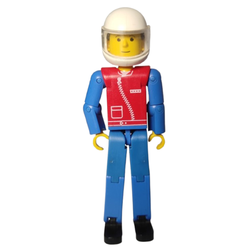 Technic Figure Blue Legs, Red Top with Zip, Blue Arms, Black Hair - White Helmet