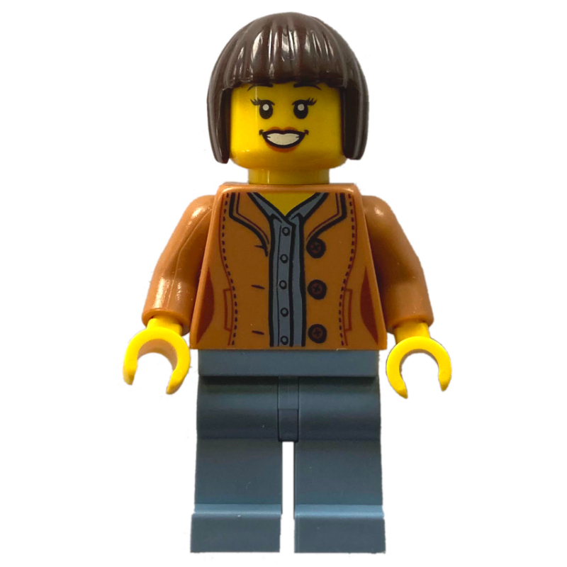 Woman, Medium Nougat Jacket, Sand Blue Legs, Dark Brown Hair