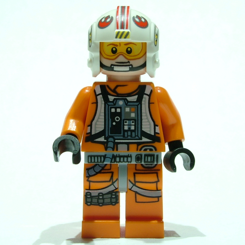 Luke Skywalker, Orange Rebel Pilot Outfit, Light Bluish Gray Hips, Black Hands, Printed Visor, Detailed Chest Panel
