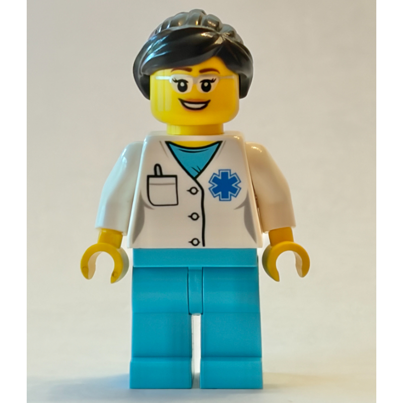 Doctor, Woman, White Shirt over Medium Azure Scrubs with Star of Life and Pocket, Dark Brown Hair, Glasses