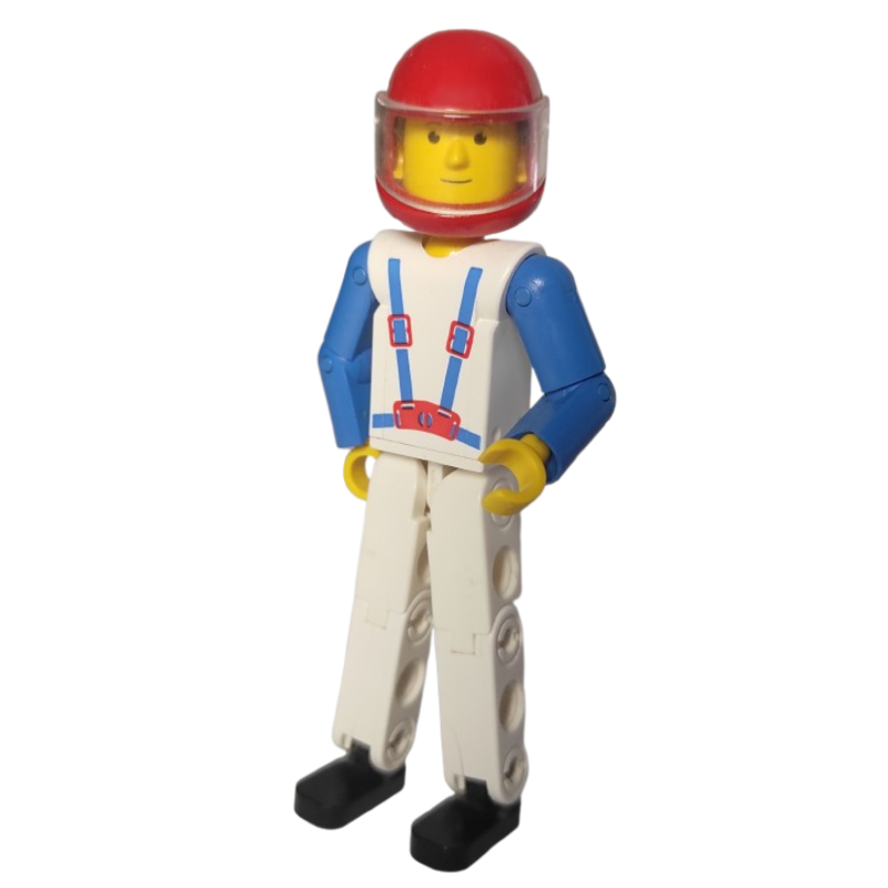 Technic Figure White Legs, White Top with Blue Braces Print, Blue Arms, Red Helmet