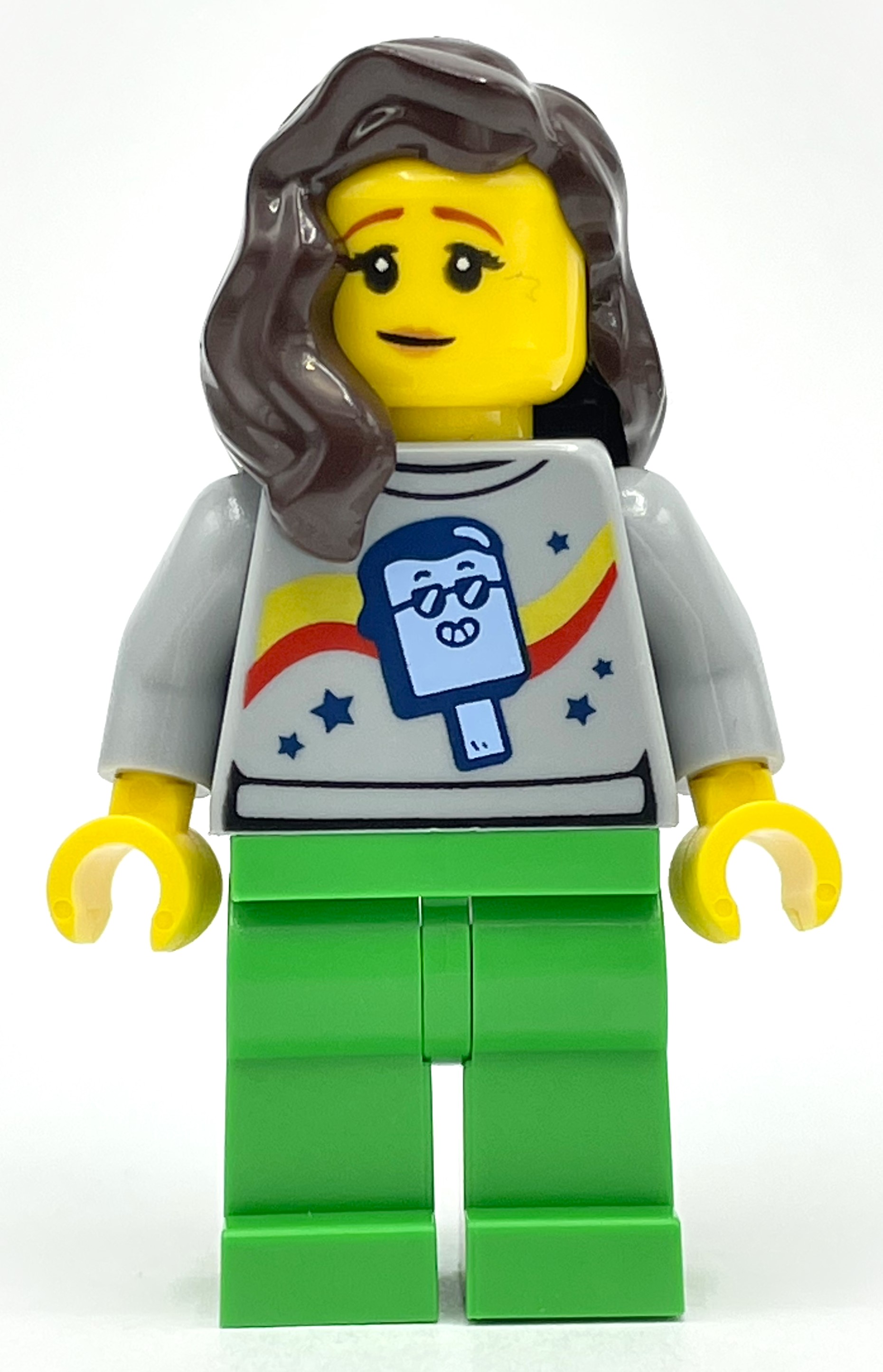Light Bluish Grey Torso, Bright Green Legs, Dark Brown Hair