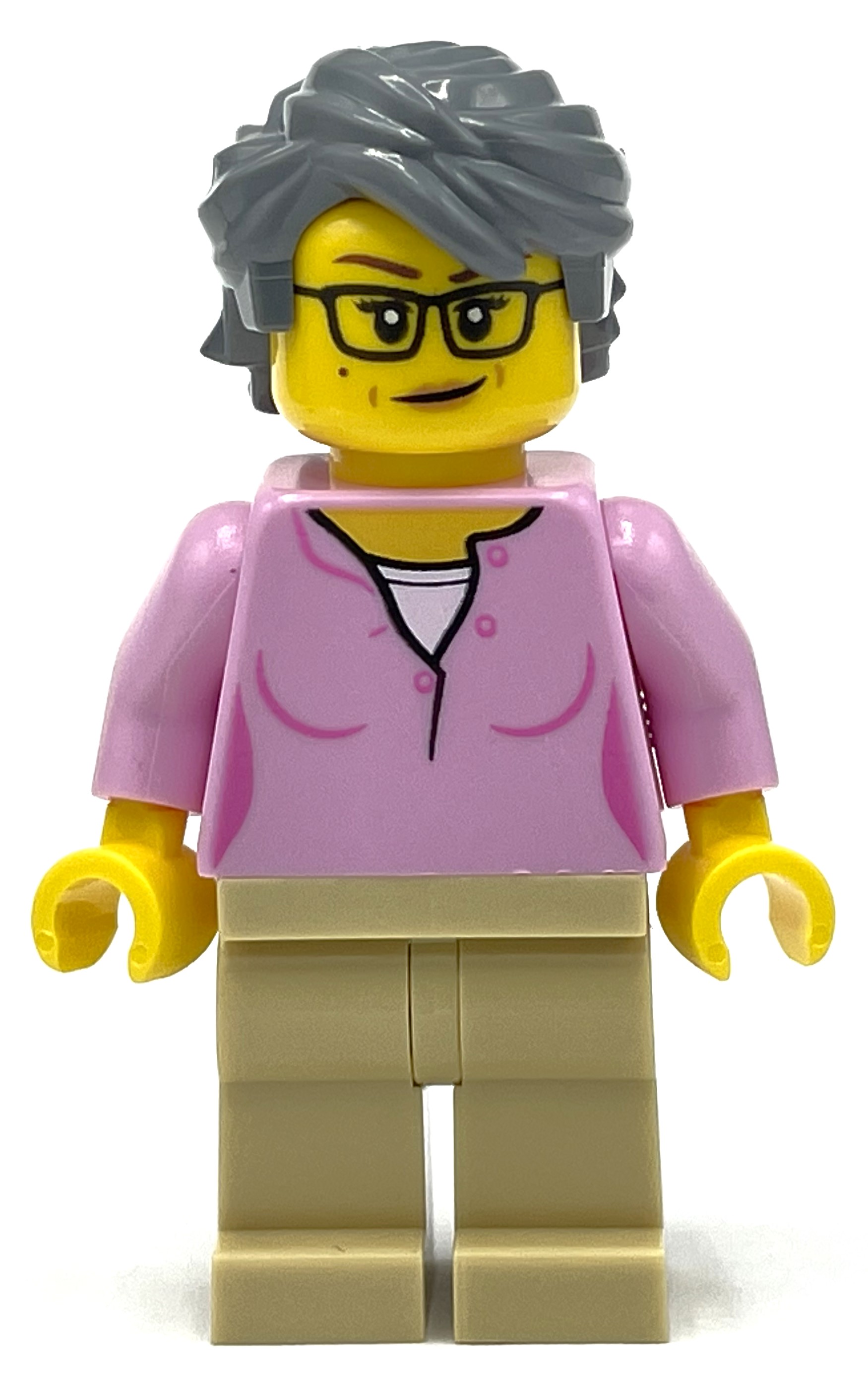 Bright Pink Torso, Tan Legs, Dark Bluish Grey Hair