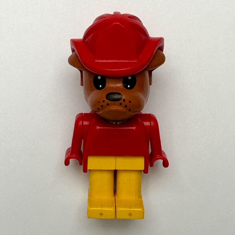 Minifigs Bertie Bulldog, Brown Head, Red Torso, Yellow Legs, Red Fire Helmet (FIG-014135)
