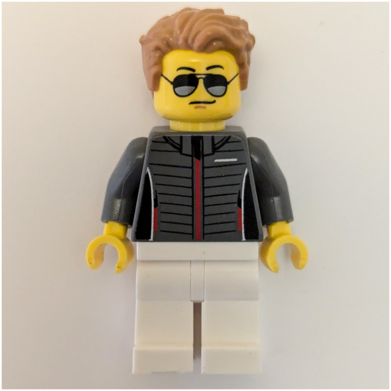 Race Driver - Dark Bluish Grey Torso, White Legs, Medium Nougat Hair