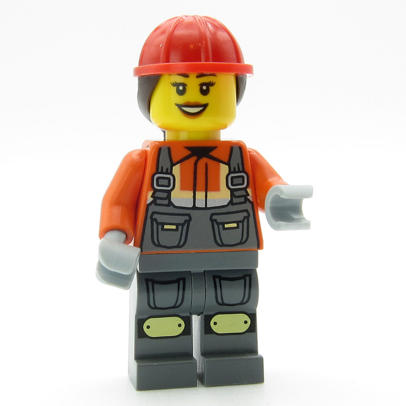 Construction Worker, Reddish Orange Jacket, Overall, Red Hard Hat with Hair