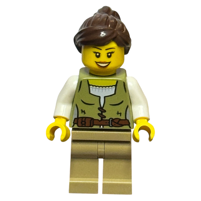 Woman, Olive Green Torso, Dark Tan Legs, Dark Brown Hair
