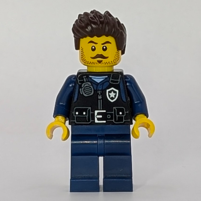 Police Officer, Black Vest, Dark Blue Legs, Dark Brown Hair, Moustache