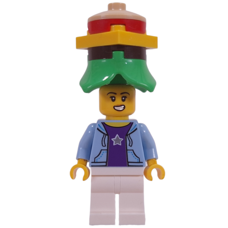 Bright Light Blue Torso, White Legs, Hamburger Hat