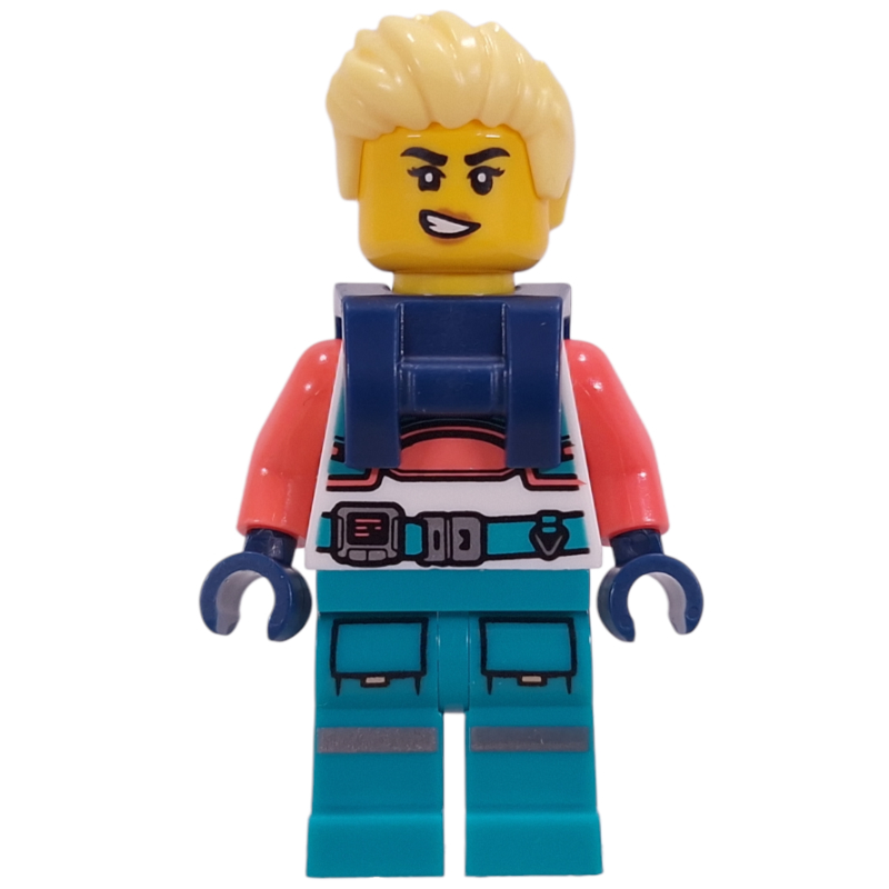 Astronaut, White/Coral Suit, Dark Turquoise Legs, Bright Light Yellow Hair, Harnass