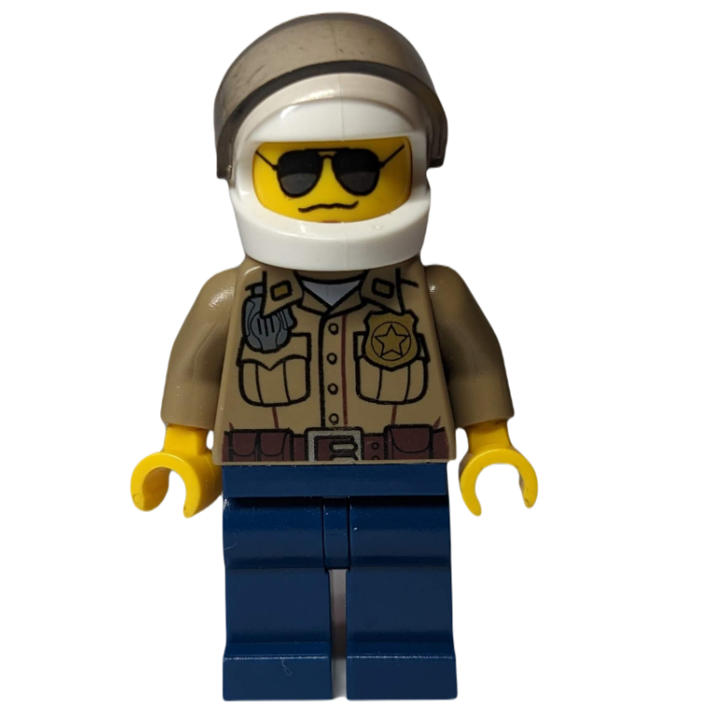 Forest Police / Ranger, Dark Tan Shirt with Radio and Badge, Dark Blue Legs, White Helmet with Visor, Sunglasses, 3626b Head