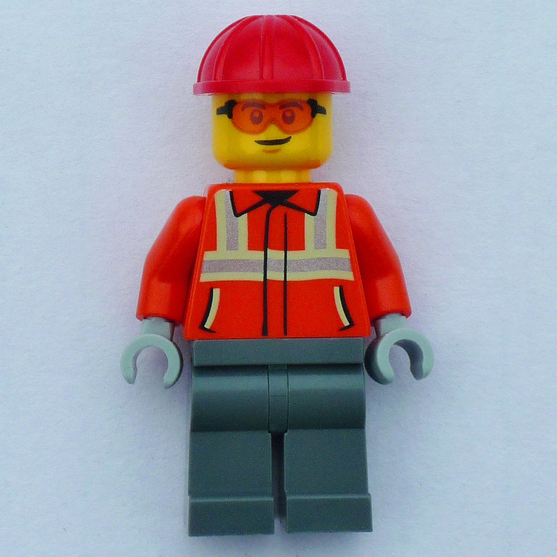 Construction Worker, Reddish Orange Jacket, Red Hard Hat