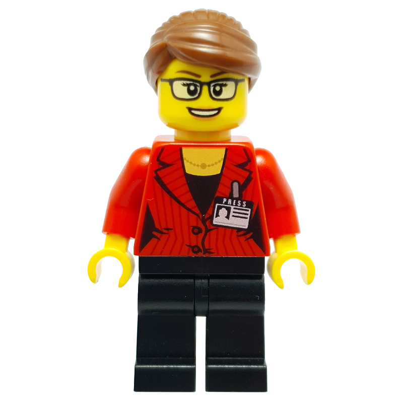 Woman, Red Jacket, Black Legs, Reddish Brown Hair. Press Badge