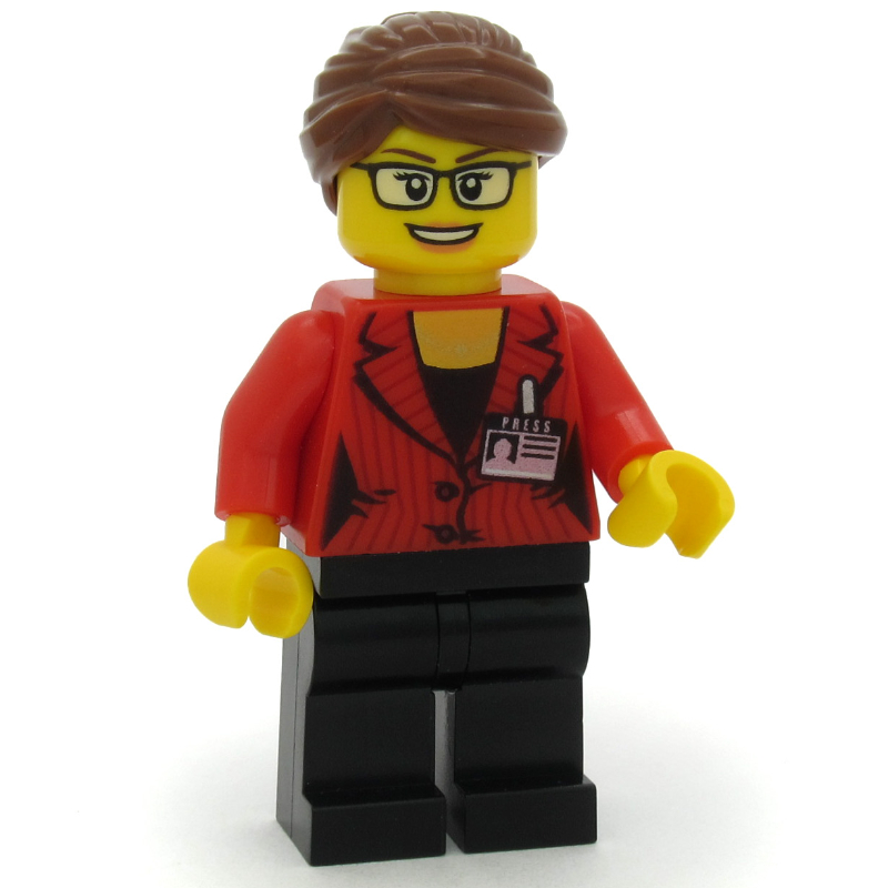 Woman, Red Jacket, Black Legs, Reddish Brown Hair. Press Badge