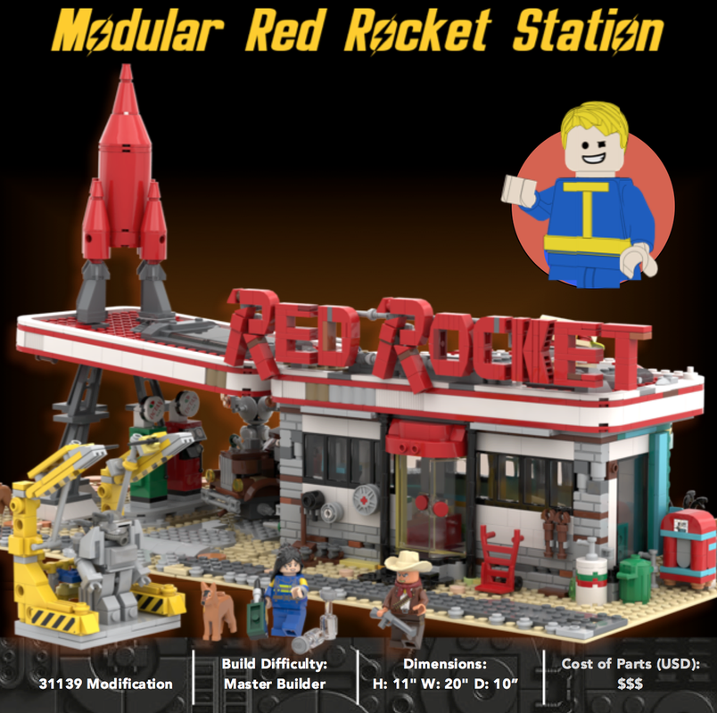 LEGO MOC Red Rocket Modular Gas Station from Fallout by Dream Build Bricks Rebrickable Build with LEGO