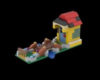 Little house with bridge and garden