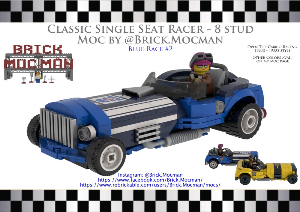 LEGO MOC Classic Racer SingleSeat 8 Stud - Blue Race Number 2 by Brick. Mocman