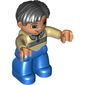 Duplo Figure Side Parted Hair Black, with Blue Legs, Shirt with Collars Print, Brown Eyes, Nougat Hands