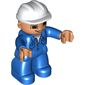 Duplo Figure with Construction Helmet White, and Blue Long Sleeve Jacket, and Legs, Brown Eyes and Open Mouth Smile