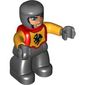 Duplo Figure with Rounded Head with Black Legs, Red Chest, Bright Light Orange Arms, Dark Bluish Gray Hands