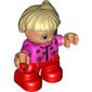 Duplo Figure Child with Side Ponytail, with Red Legs, Dark Pink Top With Flowers, Light Blond Hair with Side Ponytail