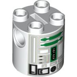 Brick Round 2 x 2 x 2 Robot Body, Axle Holder '+' Orientation with Green and Gray Astromech Droid Print (R2-R7)
