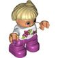 Duplo Figure Child with Side Ponytail, with Magenta Legs, White Top with Two Flowers, White Arms, Tan Hair with Side Ponytail