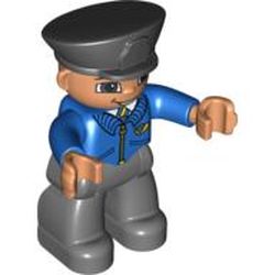 Duplo Figure with Police Style Hat Black, with Open Smile, Blue Jacket with Mail Horn, Dark Bluish Gray Legs