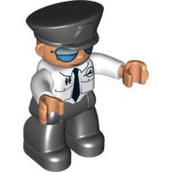 Duplo Figure with Police Style Hat Black, with White Top with Airplane Logo and Black Tie, Sunglasses, Black Legs