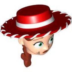Minifig Head Special with Red Cowboy Hat, Iron Red Ponytail with Dirt Stains Print (Jessie)