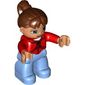 Duplo Figure with Ponytail Reddish Brown, with Brown Eyes, Red Top, Medium Blue Legs