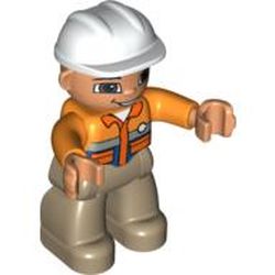 Duplo Figure with Construction Helmet White, and Orange Long Sleeve Jacket, Dark Tan Legs